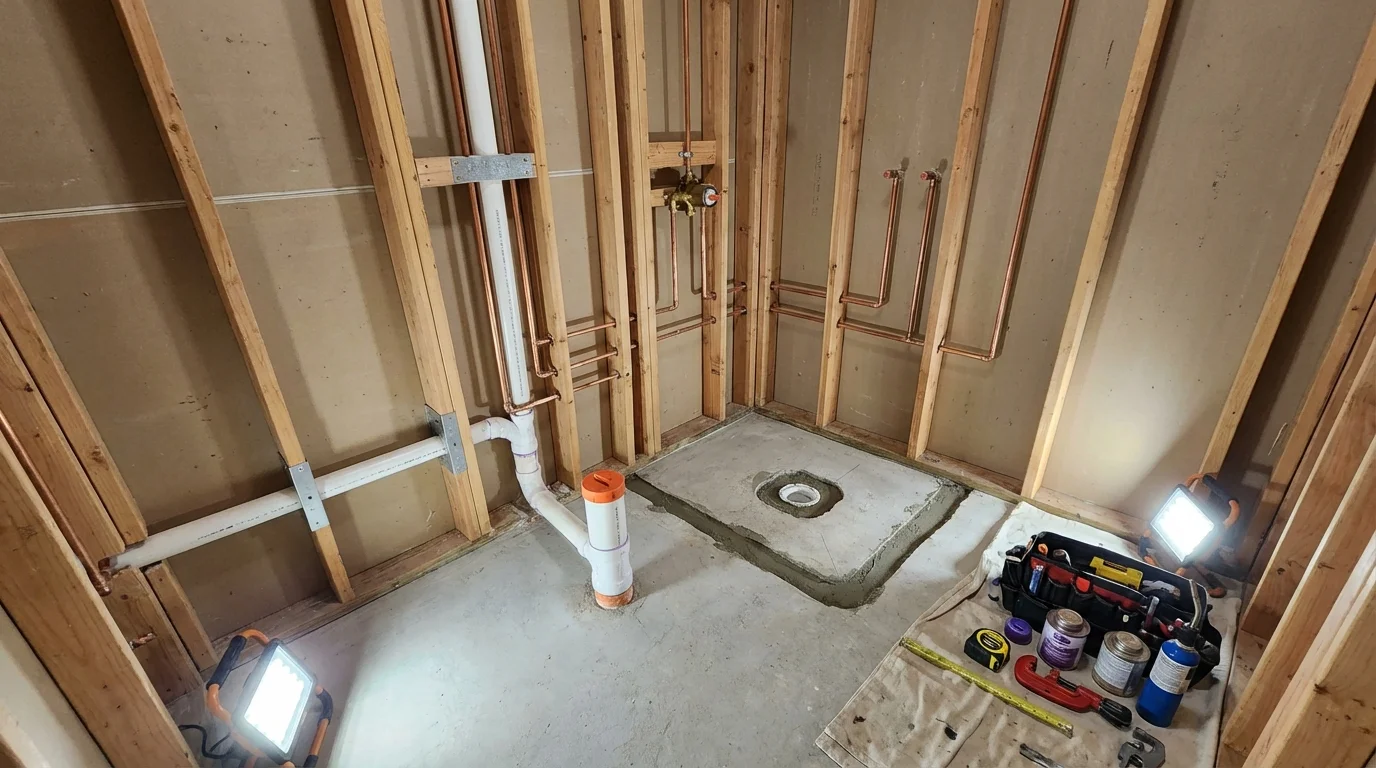 Bathroom rough-in plumbing during remodel by Johns Plumbing LLC in Panama