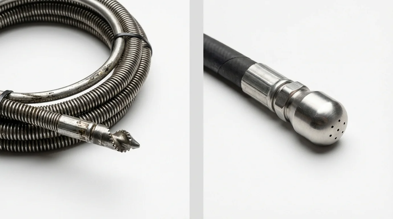 Drain snake cable and hydro jetting nozzle used for drain cleaning in Panama, OK