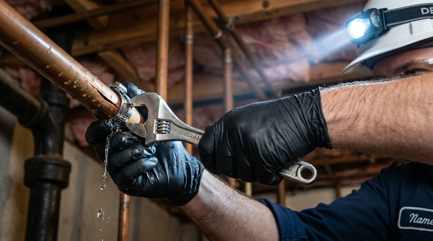 Emergency pipe clamp repair being performed by a Johns Plumbing LLC plumber in Panama