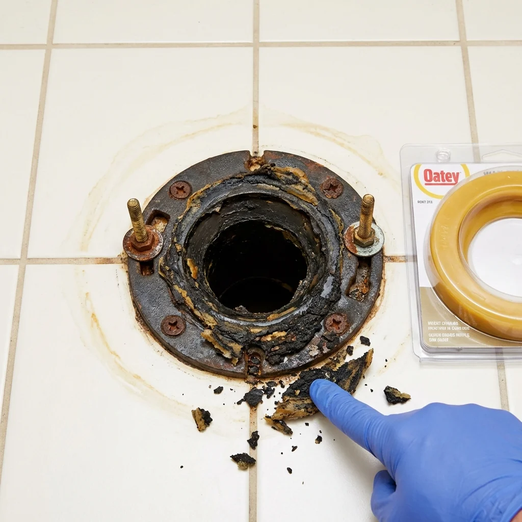 Failed wax ring showing water seepage at the base of a toilet in a Panama, OK home