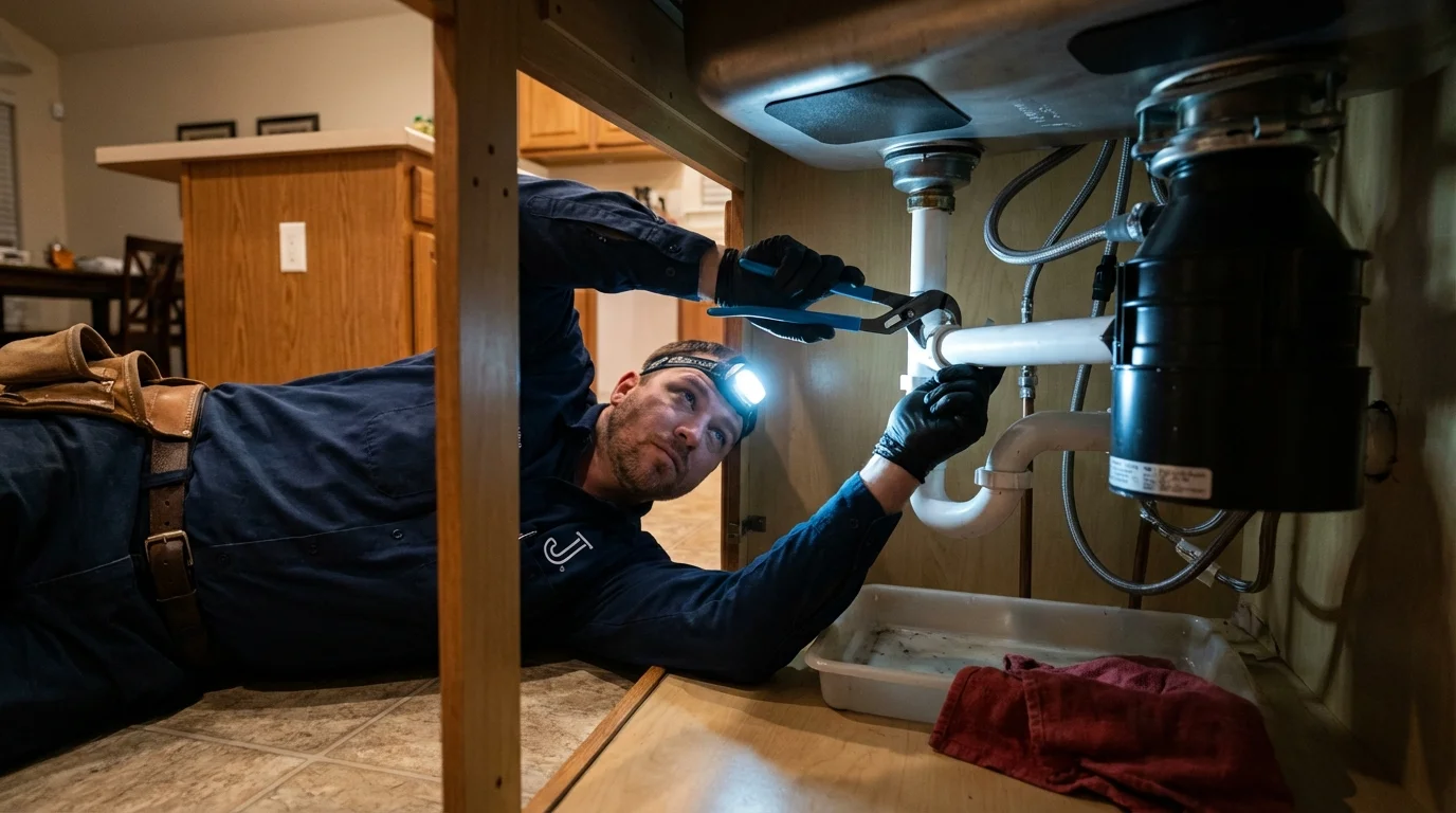 P-trap and supply line connections under a kitchen sink showing a common leak point in Panama, OK